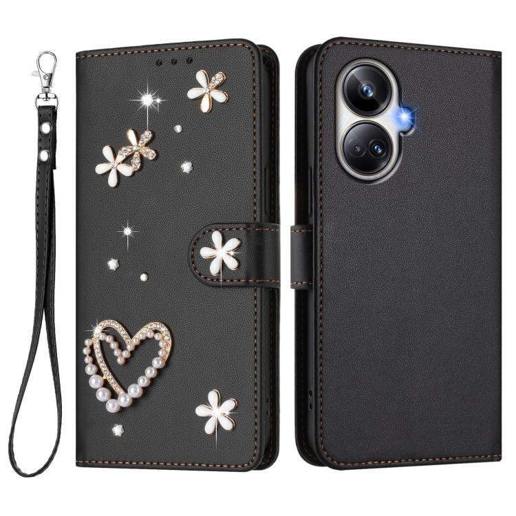For Realme 10 Pro+ 5G ZS01 Double-Layer Heart Floral Vegan Leather Phone Case with Wrist Strap