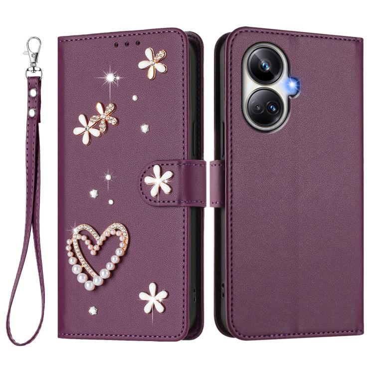 For Realme 10 Pro+ 5G ZS01 Double-Layer Heart Floral Vegan Leather Phone Case with Wrist Strap