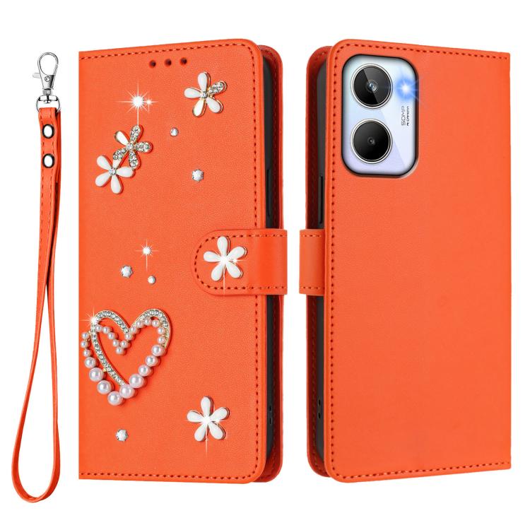 For Realme 10 4G Global ZS01 Double-Layer Heart Floral Vegan Leather Phone Case with Wrist Strap