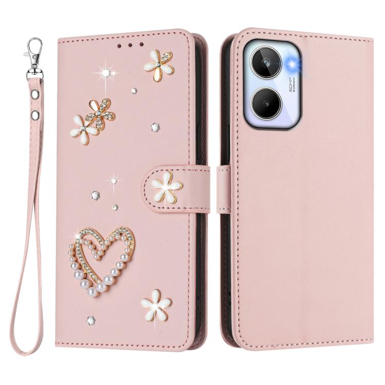 For Realme 10 4G Global ZS01 Double-Layer Heart Floral Vegan Leather Phone Case with Wrist Strap