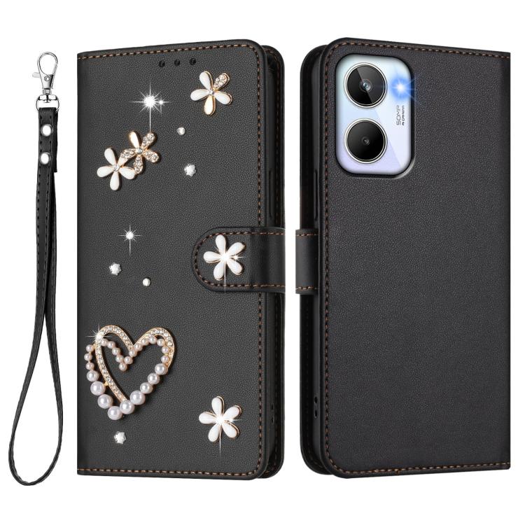 For Realme 10 4G Global ZS01 Double-Layer Heart Floral Vegan Leather Phone Case with Wrist Strap
