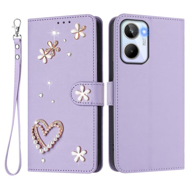 For Realme 10 4G Global ZS01 Double-Layer Heart Floral Vegan Leather Phone Case with Wrist Strap