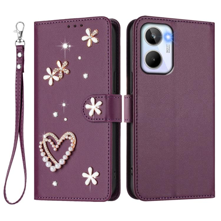 For Realme 10 4G Global ZS01 Double-Layer Heart Floral Vegan Leather Phone Case with Wrist Strap