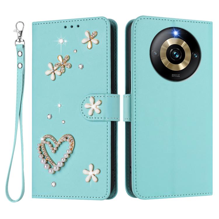 For Realme Narzo 60 Pro Global ZS01 Double-Layer Heart Floral Vegan Leather Phone Case with Wrist Strap