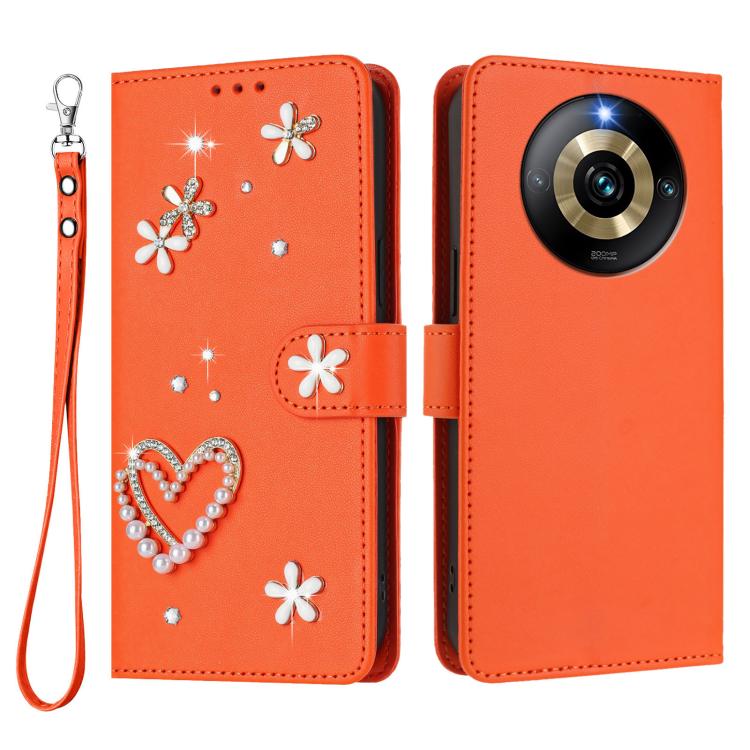 For Realme Narzo 60 Pro Global ZS01 Double-Layer Heart Floral Vegan Leather Phone Case with Wrist Strap