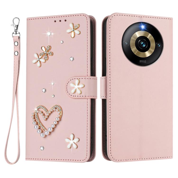 For Realme Narzo 60 Pro Global ZS01 Double-Layer Heart Floral Vegan Leather Phone Case with Wrist Strap
