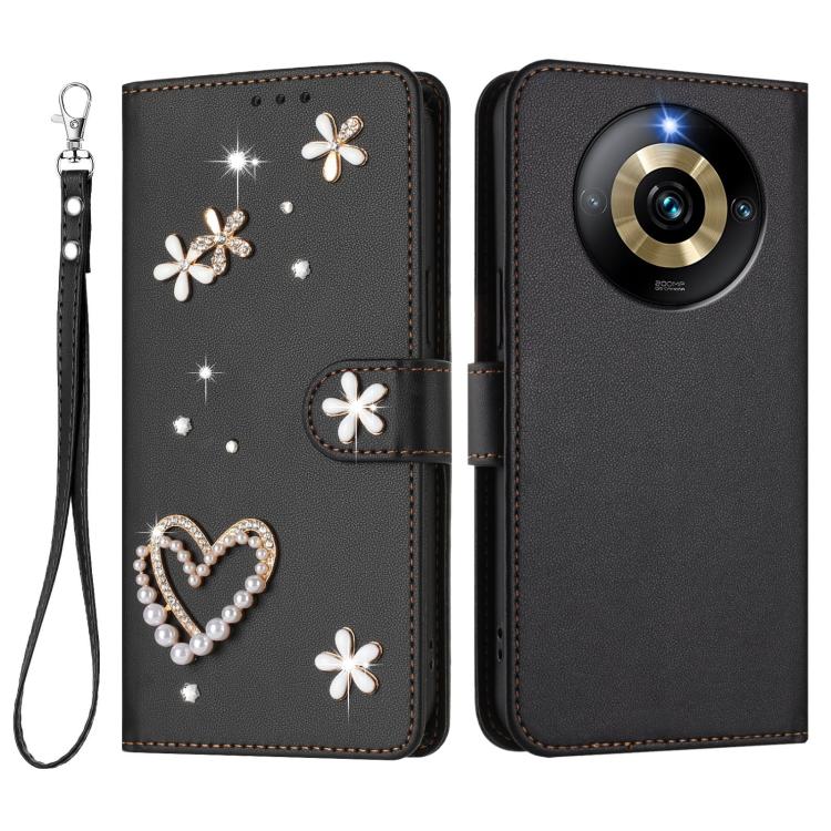 For Realme Narzo 60 Pro Global ZS01 Double-Layer Heart Floral Vegan Leather Phone Case with Wrist Strap