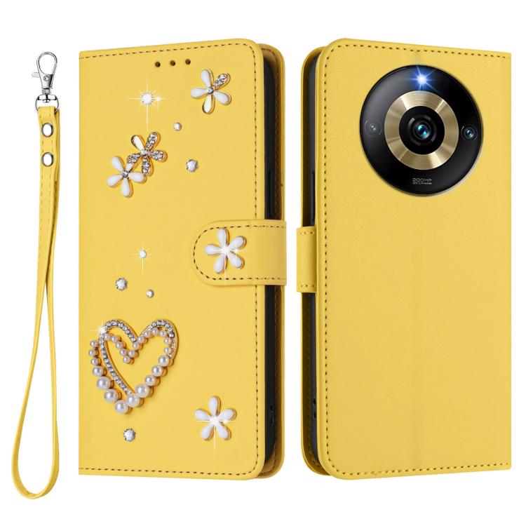 For Realme Narzo 60 Pro Global ZS01 Double-Layer Heart Floral Vegan Leather Phone Case with Wrist Strap