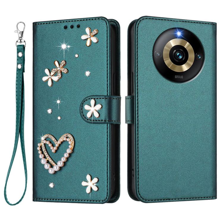 For Realme Narzo 60 Pro Global ZS01 Double-Layer Heart Floral Vegan Leather Phone Case with Wrist Strap