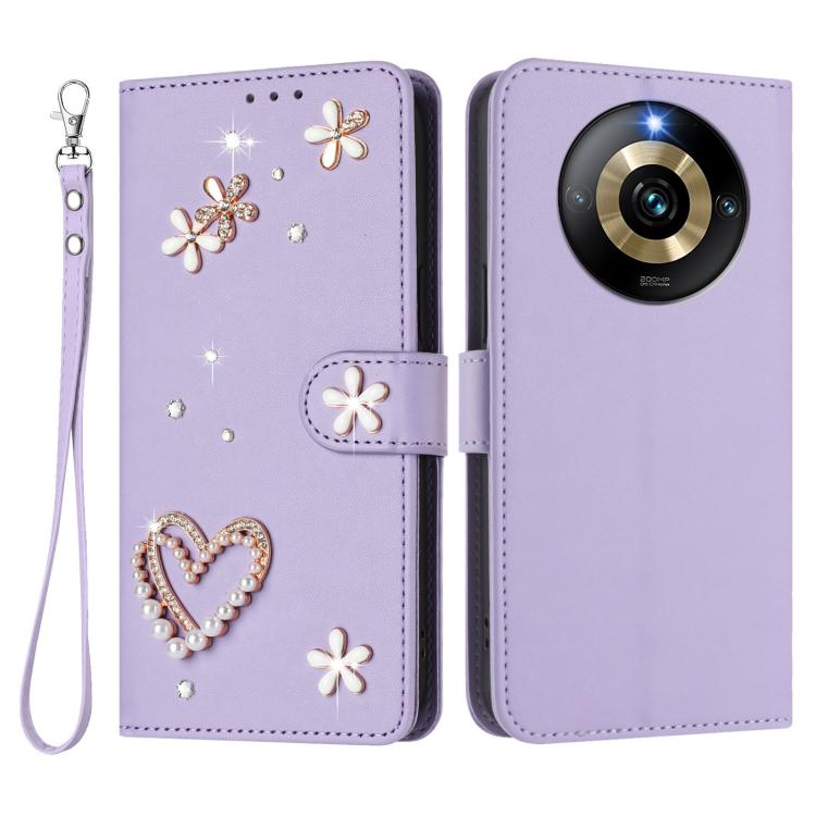 For Realme Narzo 60 Pro Global ZS01 Double-Layer Heart Floral Vegan Leather Phone Case with Wrist Strap