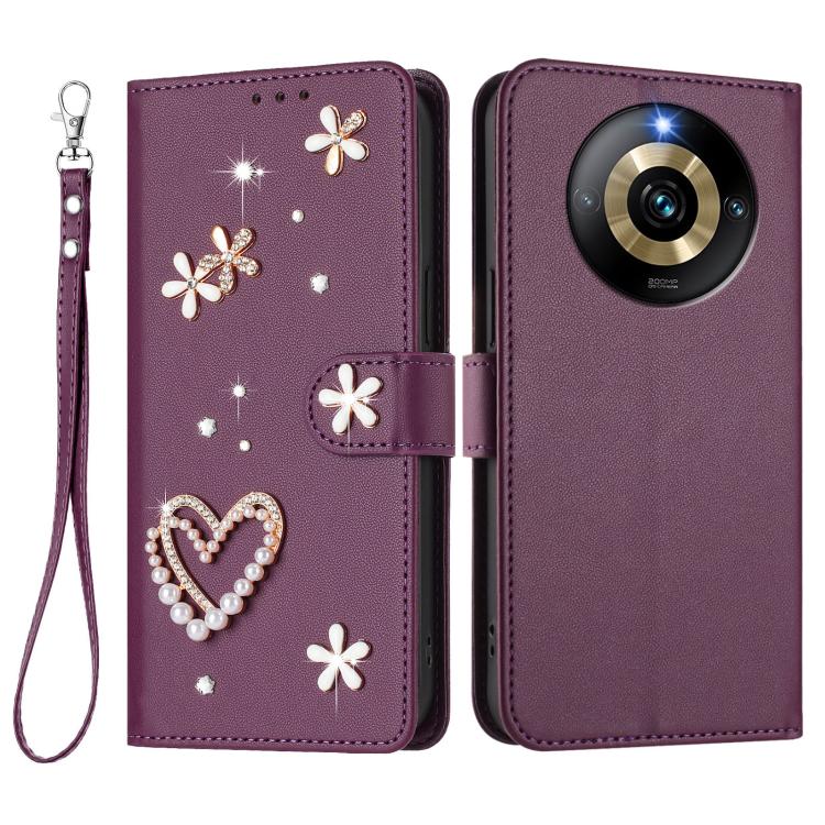 For Realme Narzo 60 Pro Global ZS01 Double-Layer Heart Floral Vegan Leather Phone Case with Wrist Strap