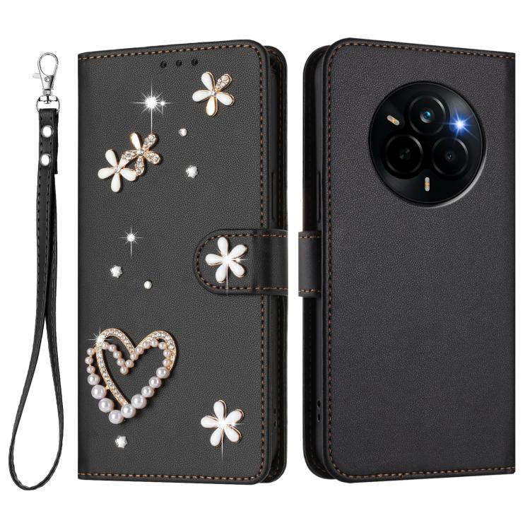 For Realme Narzo 80 Pro / 14 Pro 5G India ZS01 Double-Layer Heart Floral Vegan Leather Phone Case with Wrist Strap