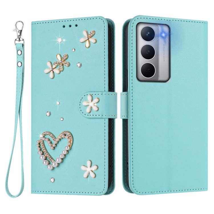 For Realme Narzo 80x ZS01 Double-Layer Heart Floral Vegan Leather Phone Case with Wrist Strap