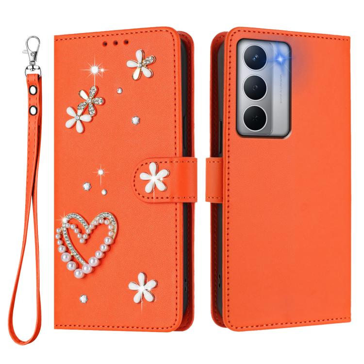 For Realme Narzo 80x ZS01 Double-Layer Heart Floral Vegan Leather Phone Case with Wrist Strap