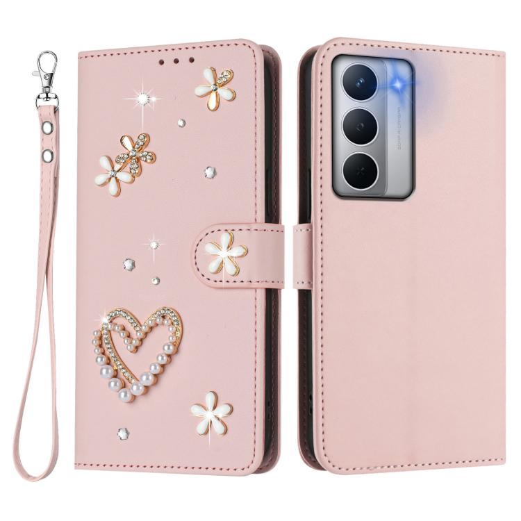 For Realme Narzo 80x ZS01 Double-Layer Heart Floral Vegan Leather Phone Case with Wrist Strap