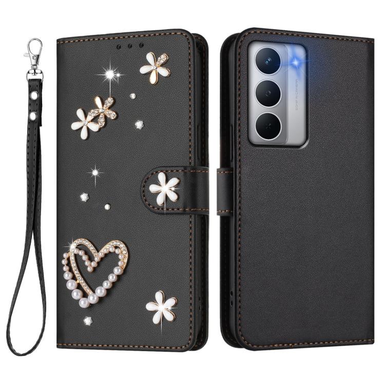 For Realme Narzo 80x ZS01 Double-Layer Heart Floral Vegan Leather Phone Case with Wrist Strap