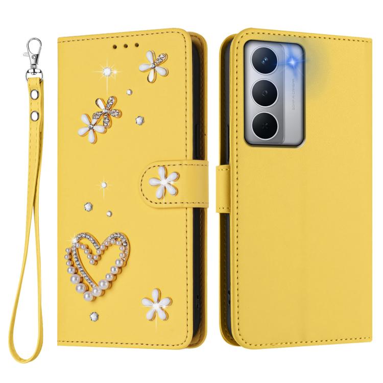 For Realme Narzo 80x ZS01 Double-Layer Heart Floral Vegan Leather Phone Case with Wrist Strap