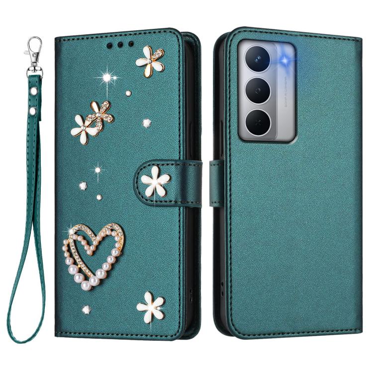 For Realme Narzo 80x ZS01 Double-Layer Heart Floral Vegan Leather Phone Case with Wrist Strap