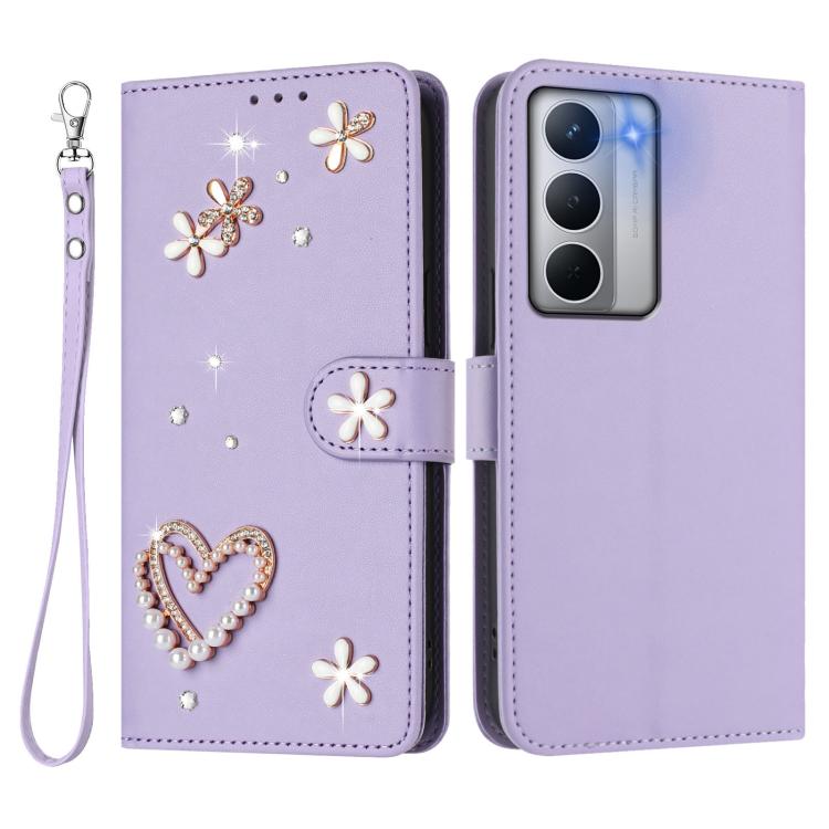 For Realme Narzo 80x ZS01 Double-Layer Heart Floral Vegan Leather Phone Case with Wrist Strap