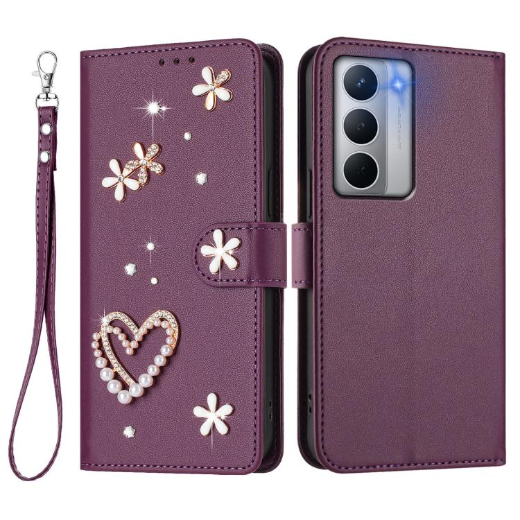 For Realme Narzo 80x ZS01 Double-Layer Heart Floral Vegan Leather Phone Case with Wrist Strap