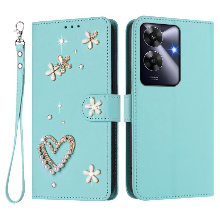 For Realme Note 60 4G Global / C63 4G Global ZS01 Double-Layer Heart Floral Vegan Leather Phone Case with Wrist Strap