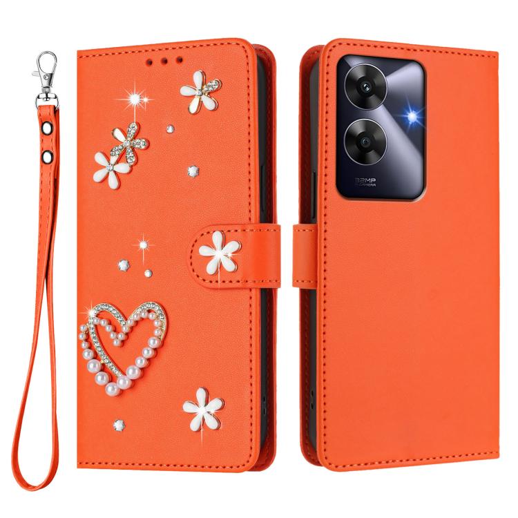 For Realme Note 60 4G Global / C63 4G Global ZS01 Double-Layer Heart Floral Vegan Leather Phone Case with Wrist Strap