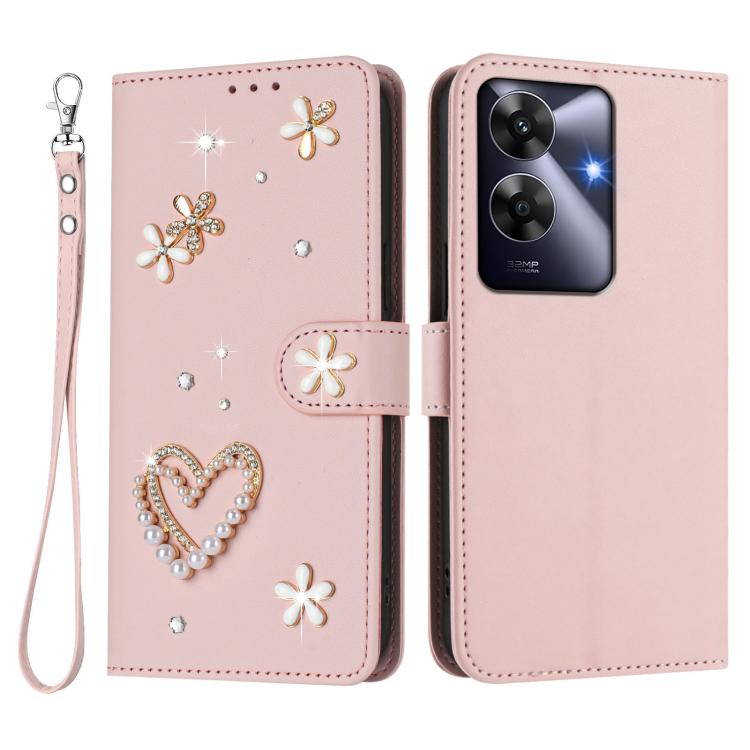 For Realme Note 60 4G Global / C63 4G Global ZS01 Double-Layer Heart Floral Vegan Leather Phone Case with Wrist Strap