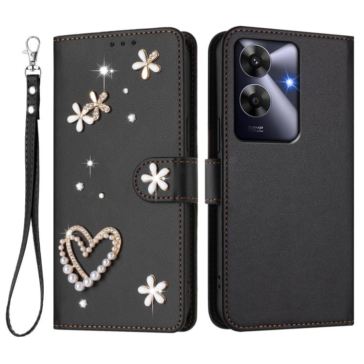 For Realme Note 60 4G Global / C63 4G Global ZS01 Double-Layer Heart Floral Vegan Leather Phone Case with Wrist Strap