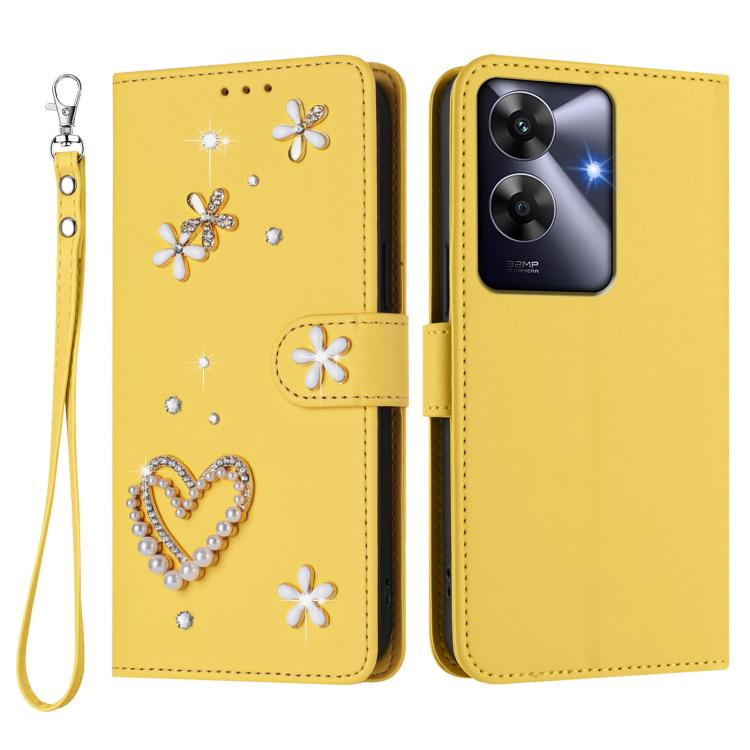For Realme Note 60 4G Global / C63 4G Global ZS01 Double-Layer Heart Floral Vegan Leather Phone Case with Wrist Strap