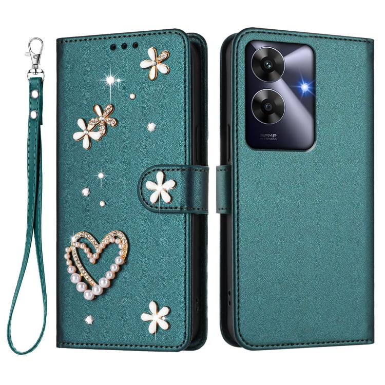 For Realme Note 60 4G Global / C63 4G Global ZS01 Double-Layer Heart Floral Vegan Leather Phone Case with Wrist Strap