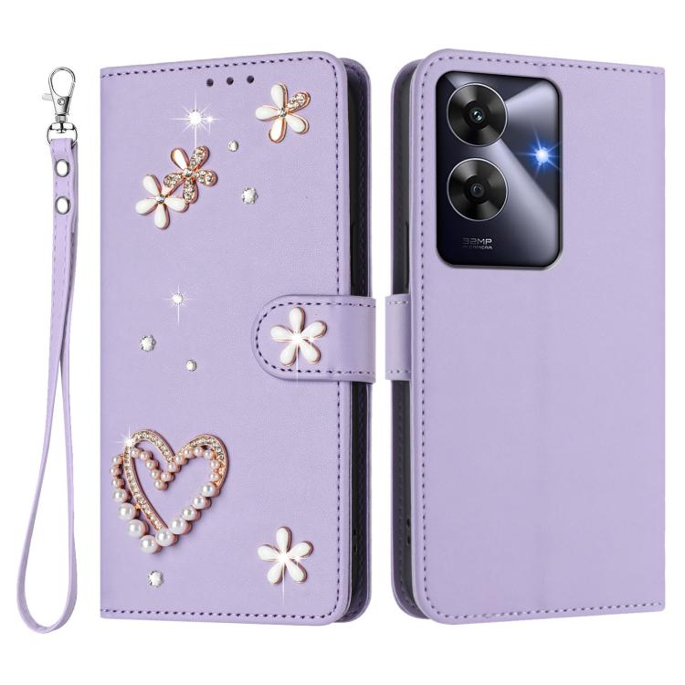 For Realme Note 60 4G Global / C63 4G Global ZS01 Double-Layer Heart Floral Vegan Leather Phone Case with Wrist Strap