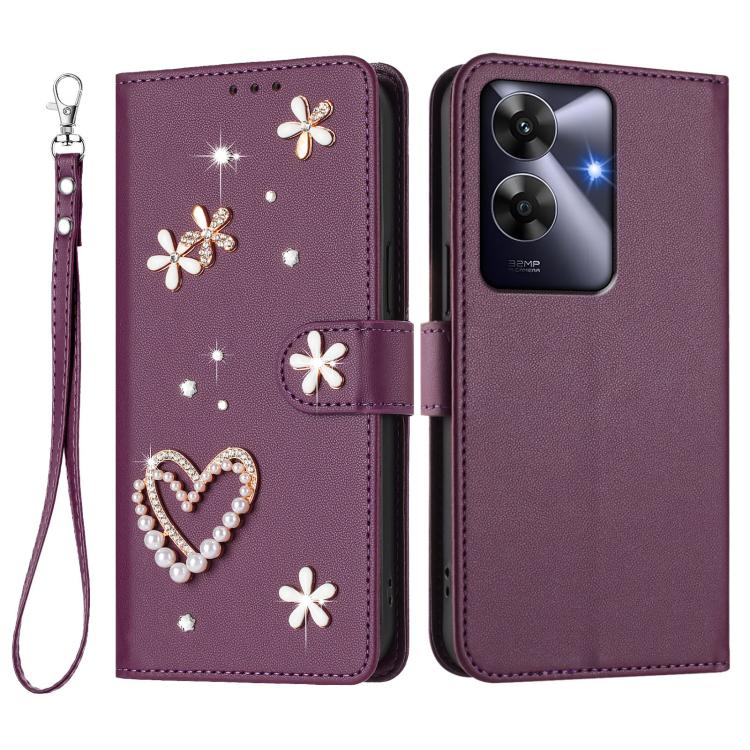 For Realme Note 60 4G Global / C63 4G Global ZS01 Double-Layer Heart Floral Vegan Leather Phone Case with Wrist Strap