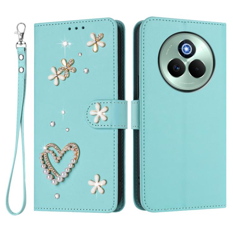 For Realme P3 Pro 5G Global ZS01 Double-Layer Heart Floral Vegan Leather Phone Case with Wrist Strap