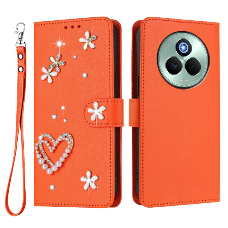 For Realme P3 Pro 5G Global ZS01 Double-Layer Heart Floral Vegan Leather Phone Case with Wrist Strap