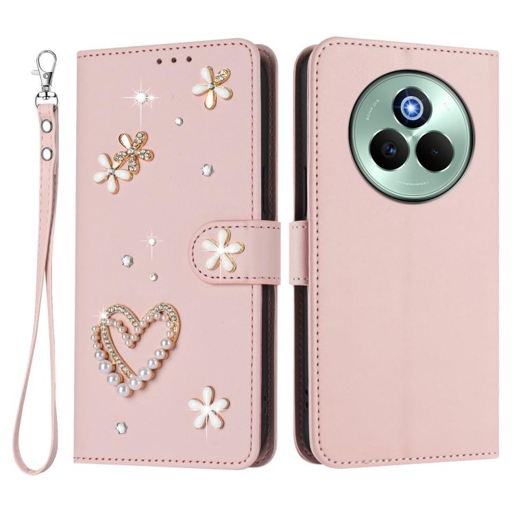 For Realme P3 Pro 5G Global ZS01 Double-Layer Heart Floral Vegan Leather Phone Case with Wrist Strap