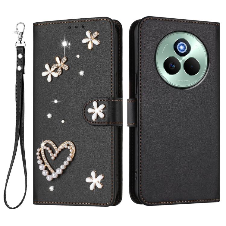 For Realme P3 Pro 5G Global ZS01 Double-Layer Heart Floral Vegan Leather Phone Case with Wrist Strap