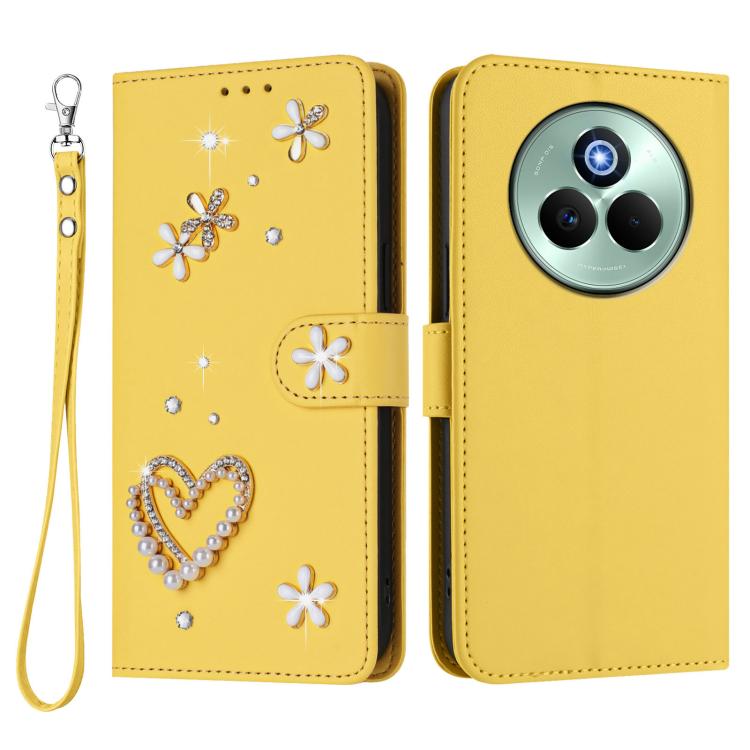 For Realme P3 Pro 5G Global ZS01 Double-Layer Heart Floral Vegan Leather Phone Case with Wrist Strap