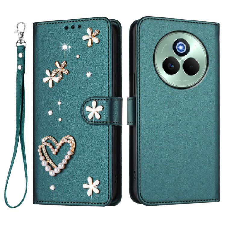 For Realme P3 Pro 5G Global ZS01 Double-Layer Heart Floral Vegan Leather Phone Case with Wrist Strap