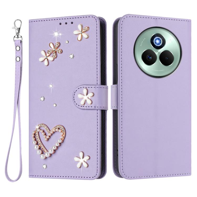 For Realme P3 Pro 5G Global ZS01 Double-Layer Heart Floral Vegan Leather Phone Case with Wrist Strap