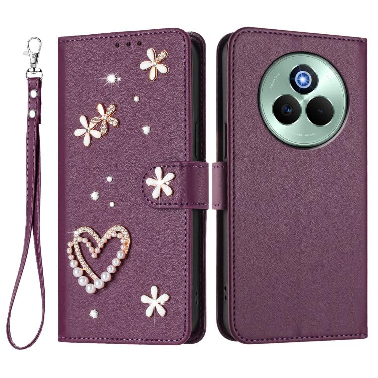 For Realme P3 Pro 5G Global ZS01 Double-Layer Heart Floral Vegan Leather Phone Case with Wrist Strap