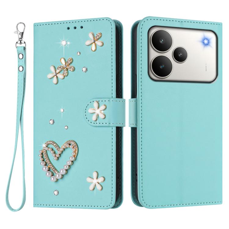 For Realme P4 5G ZS01 Double-Layer Heart Floral Vegan Leather Phone Case with Wrist Strap