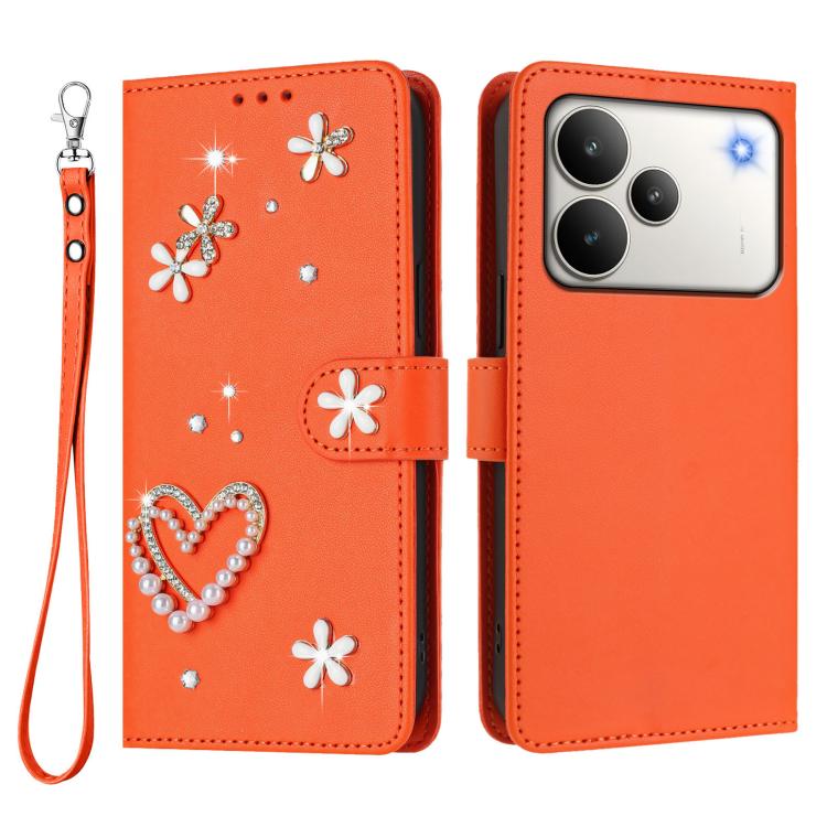 For Realme P4 5G ZS01 Double-Layer Heart Floral Vegan Leather Phone Case with Wrist Strap