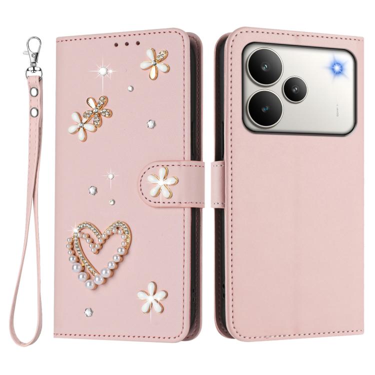 For Realme P4 5G ZS01 Double-Layer Heart Floral Vegan Leather Phone Case with Wrist Strap