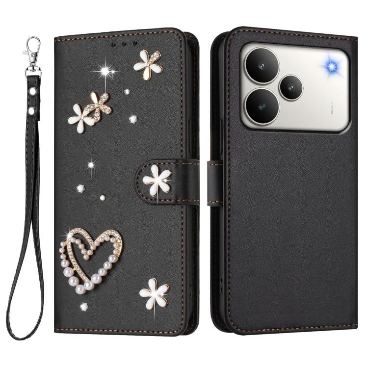 For Realme P4 5G ZS01 Double-Layer Heart Floral Vegan Leather Phone Case with Wrist Strap