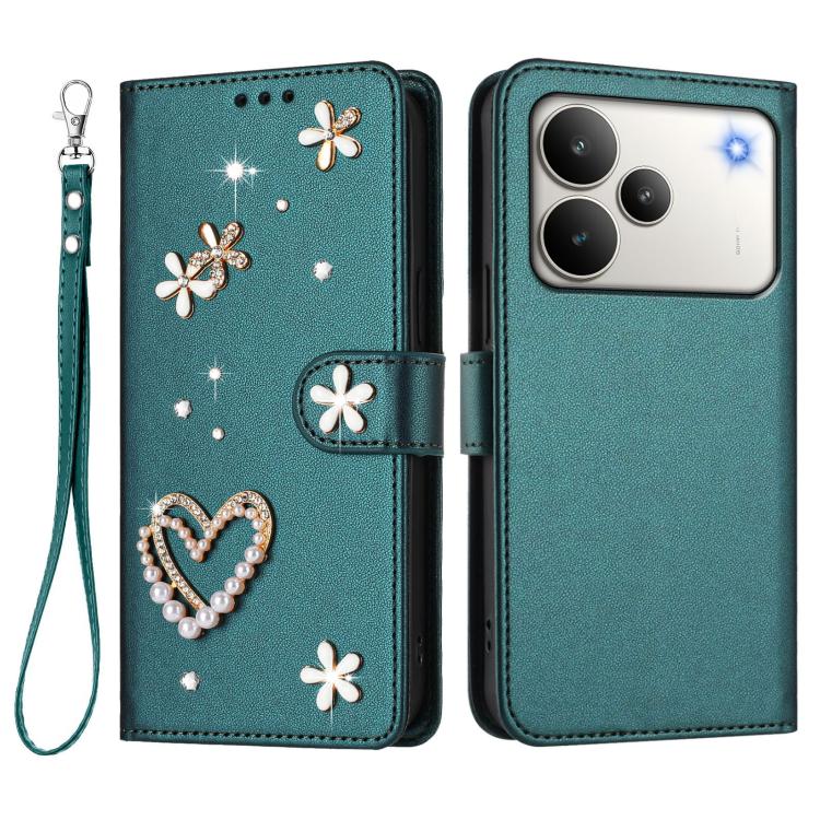For Realme P4 5G ZS01 Double-Layer Heart Floral Vegan Leather Phone Case with Wrist Strap