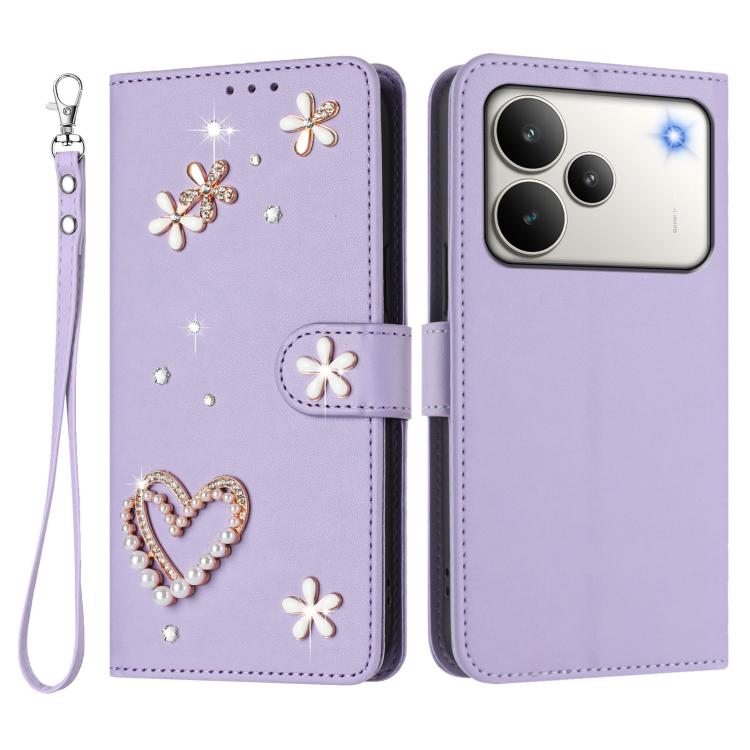 For Realme P4 5G ZS01 Double-Layer Heart Floral Vegan Leather Phone Case with Wrist Strap