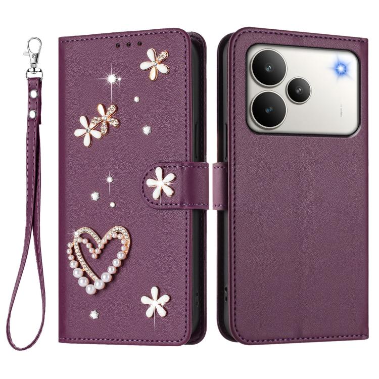 For Realme P4 5G ZS01 Double-Layer Heart Floral Vegan Leather Phone Case with Wrist Strap