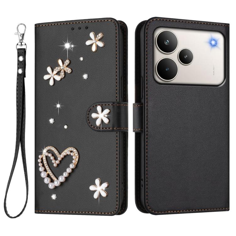 For Realme P4 Pro 5G ZS01 Double-Layer Heart Floral Vegan Leather Phone Case with Wrist Strap