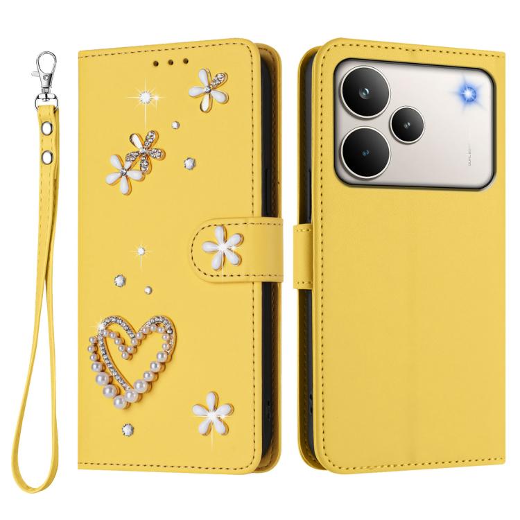 For Realme P4 Pro 5G ZS01 Double-Layer Heart Floral Vegan Leather Phone Case with Wrist Strap