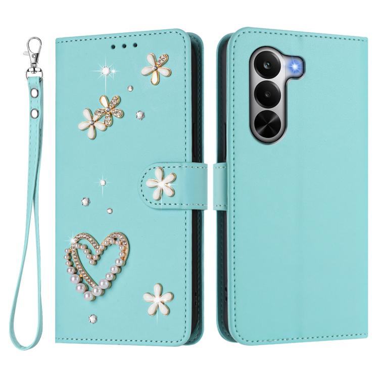 For Realme P4x 5G ZS01 Double-Layer Heart Floral Vegan Leather Phone Case with Wrist Strap